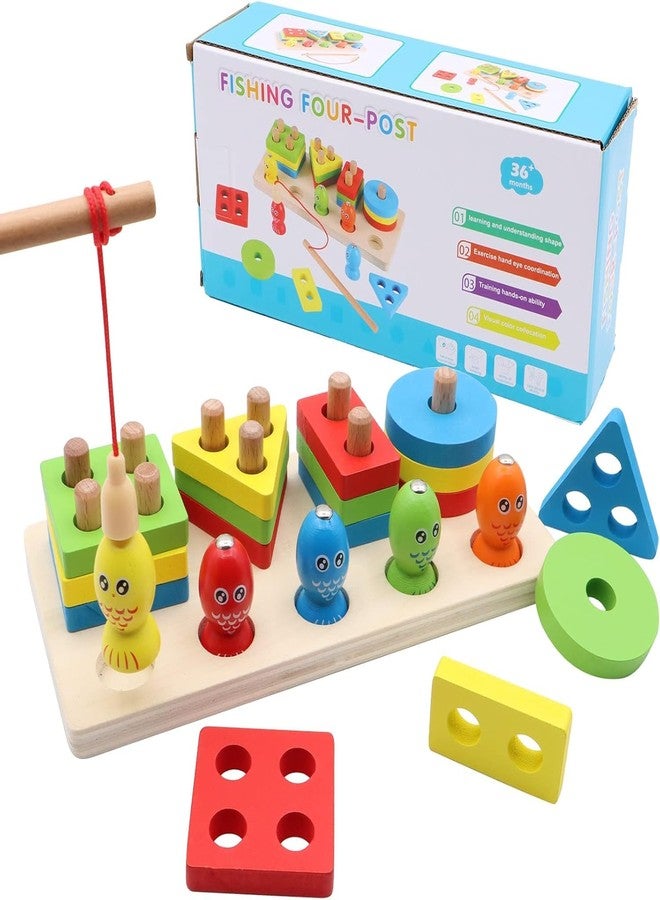 Little Mind Wooden Sorting & Stacking Toy Puzzle for 12+ Months Baby Boys & Girls, Geometric Building Kit, Shape Sorter Puzzles, Magnetic Fishing Toy - Image 1
